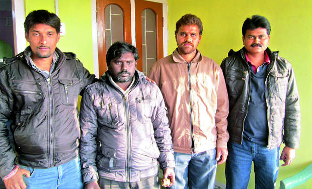 B. Ankana Rao, centre, is seen with some unidentified colleagues in Assam on Tuesday, after being released by the Bodo militants. B. Ankana Rao, centre, is seen with some unidentified colleagues in Assam on Tuesday, after being released by the Bodo militants.